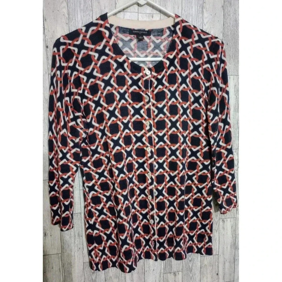 Banana Republic Cardigan Sweater‎ Top Red White Black Print Button Front Medium - Picture 1 of 5